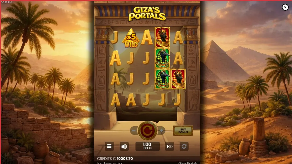 Interface do jogo de slot Giza’s Portals com tema egípcio